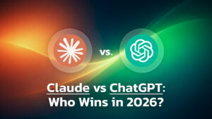 Claude vs ChatGPT AI comparison cover for 2026, showing Anthropic Claude and OpenAI logos on an orange-to-green gradient background with soft light streaks and headline text.