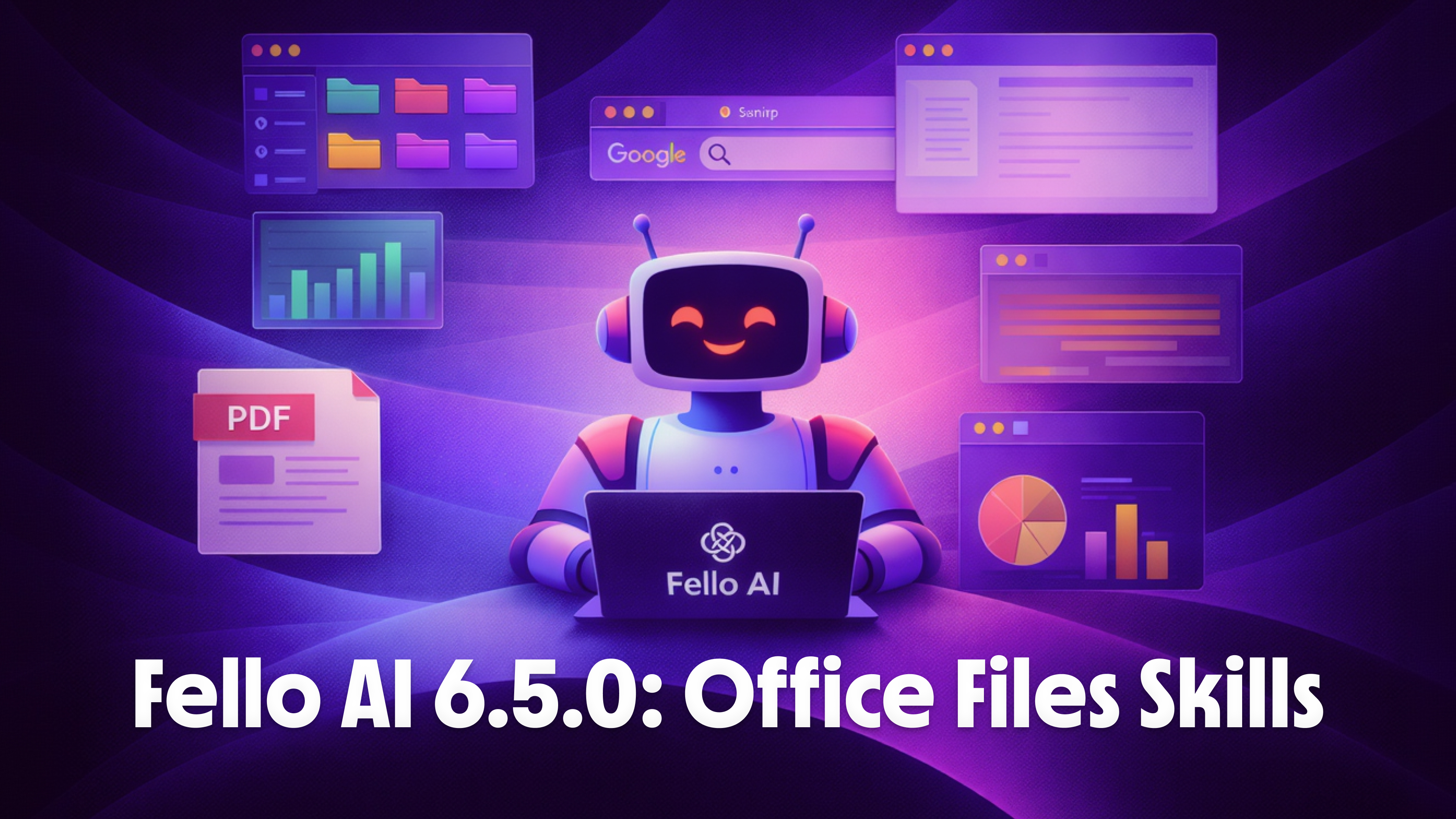 Illustration of a friendly AI assistant using Fello AI to create office files like spreadsheets, documents, presentations, and PDFs.