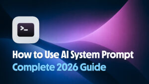 AI system prompt guide 2026 with terminal icon on dark blue and purple abstract gradient background, tutorial on how to write and use system instructions for AI models.