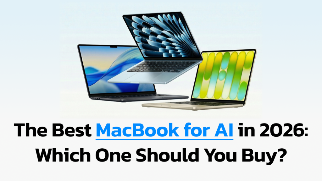 Three Apple MacBooks floating on a light background, representing different models, with the headline “The Best MacBook for AI in 2026: Which One Should You Buy?” displayed below.