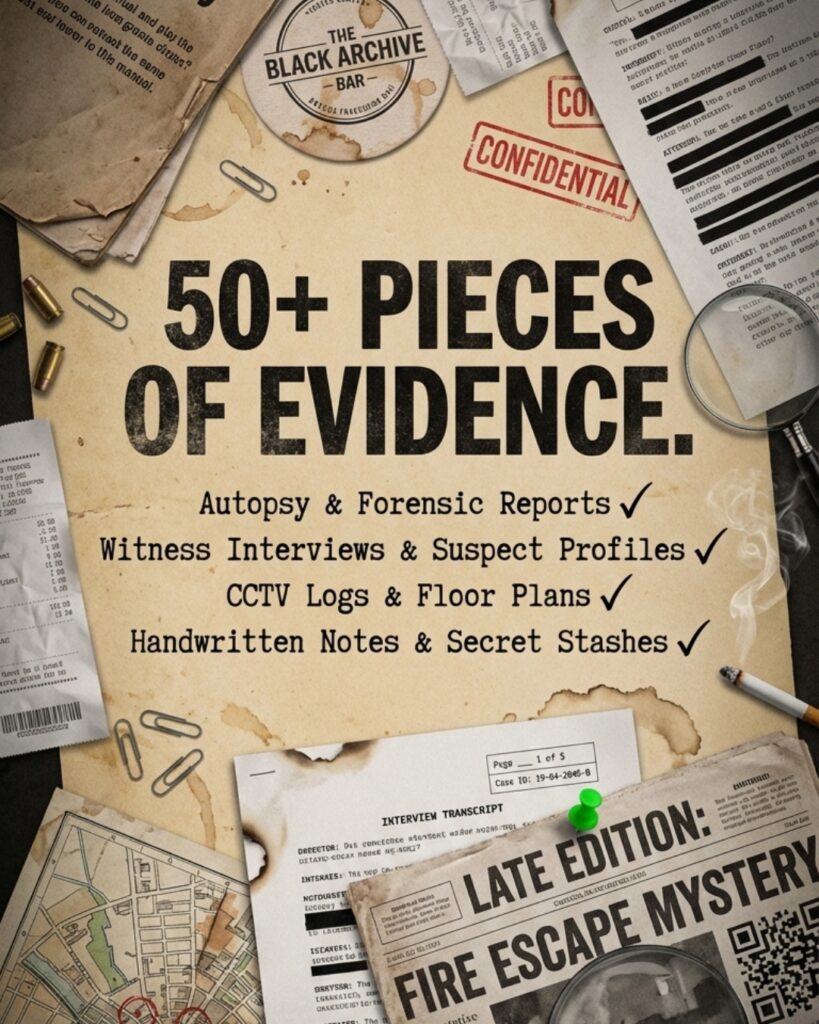 The Black Archive murder mystery case file — 50+ pieces of evidence including autopsy reports, witness interviews and forensic files