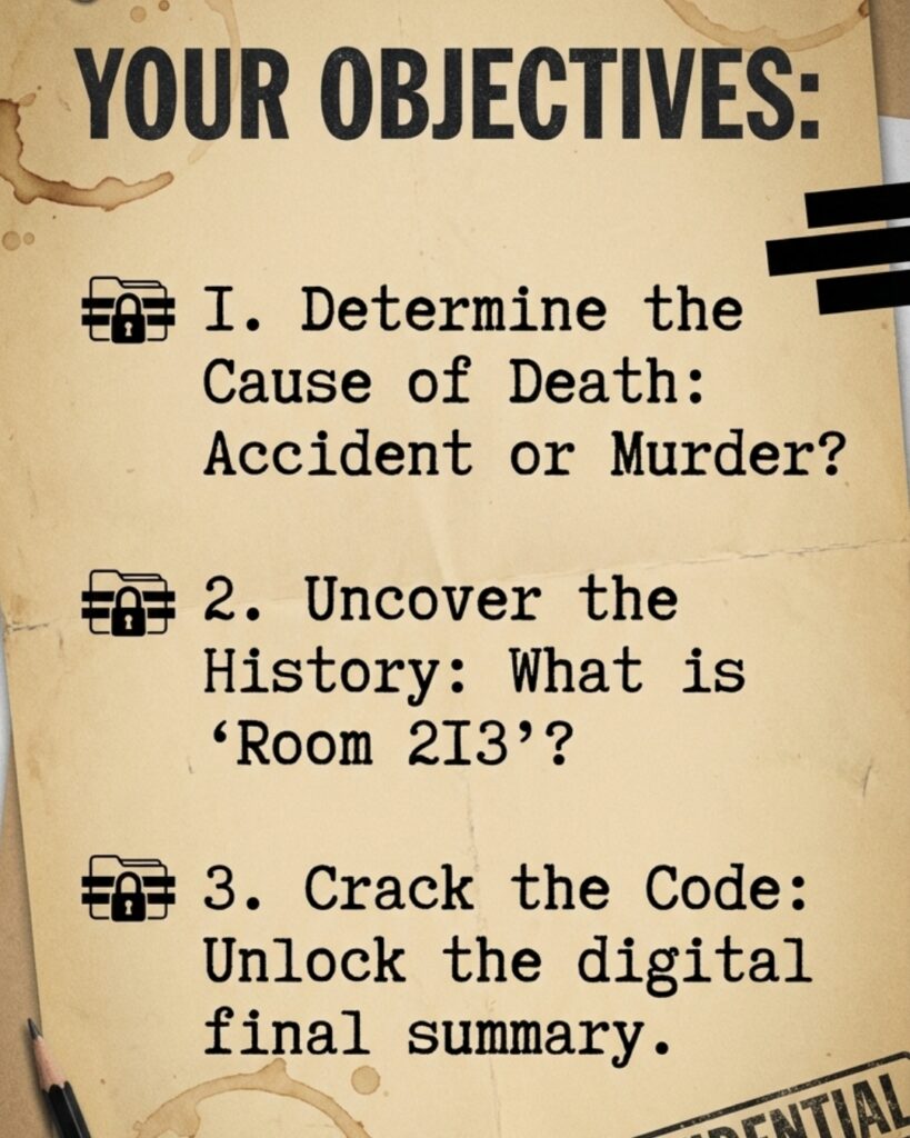 The Black Archive murder mystery objectives: determine cause of death, uncover Room 213, crack the code