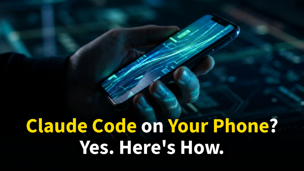 A hand holding a smartphone with a Claude Code terminal session glowing on the screen — how to use Claude Code on your phone in 2026