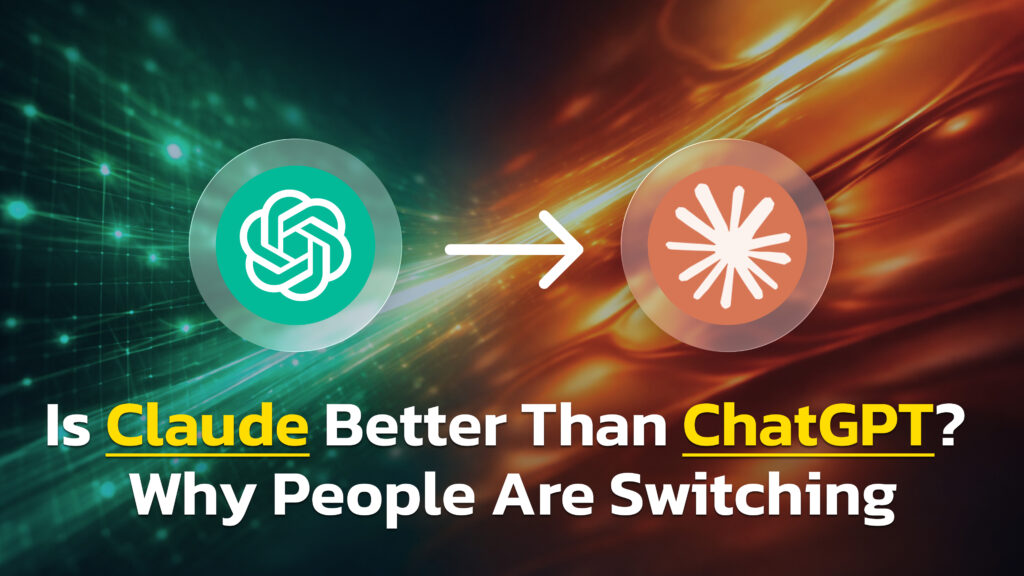Abstract split background with green digital grid (ChatGPT side) transitioning to orange fluid waves (Claude side), featuring ChatGPT and Claude logos connected by an arrow, with headline about users switching from ChatGPT to Claude.