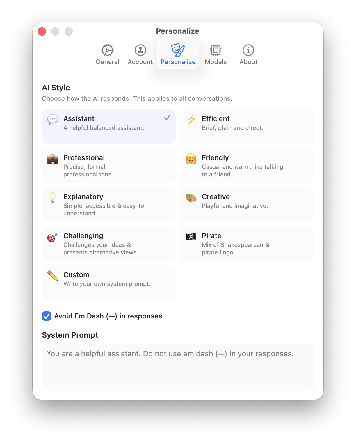 Fello AI Personalize tab showing AI Style options and System Prompt field