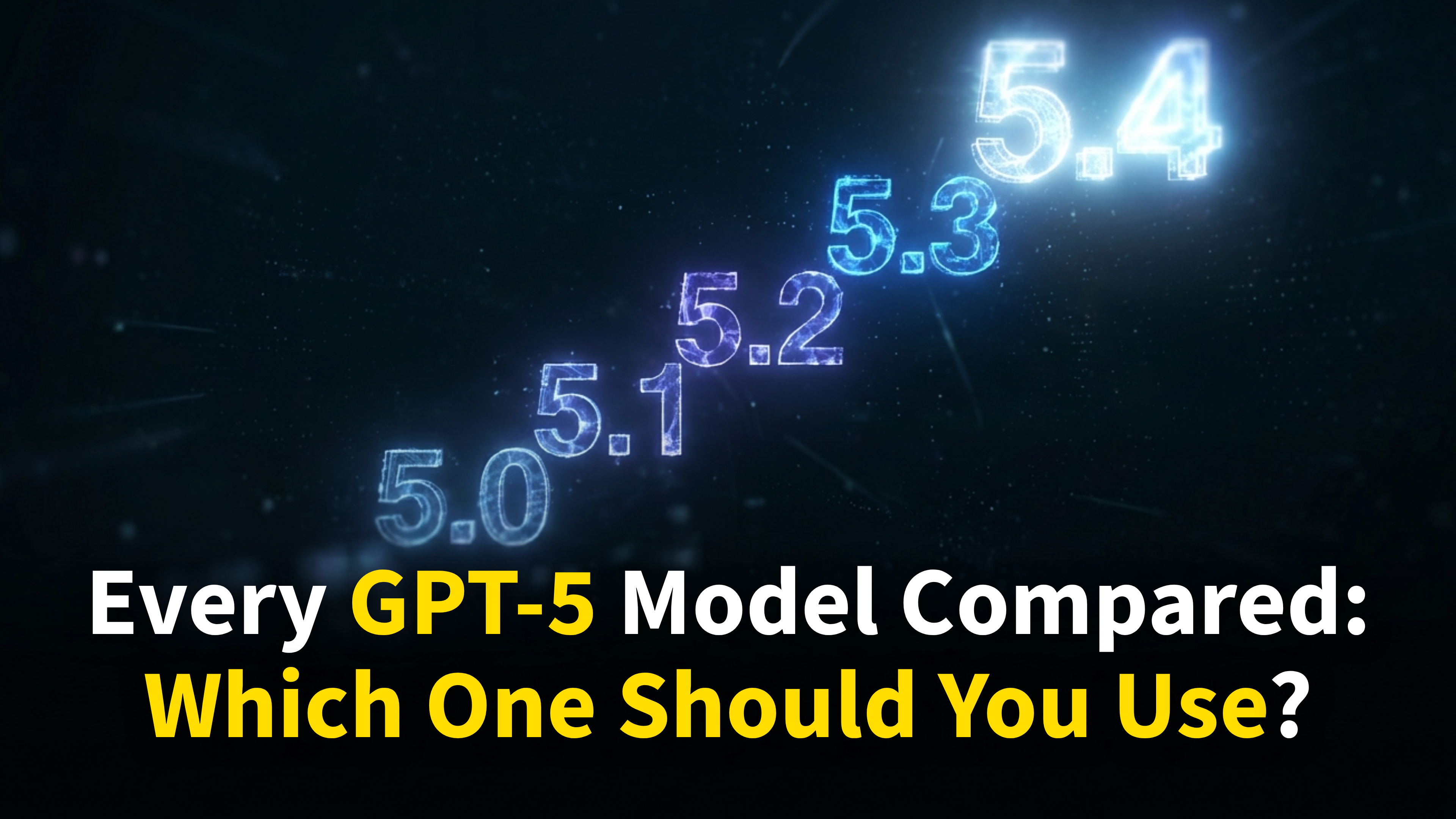 Five glowing GPT-5 model versions (5.0 to 5.4) compared side by side — a complete guide to every ChatGPT model in the GPT-5 family