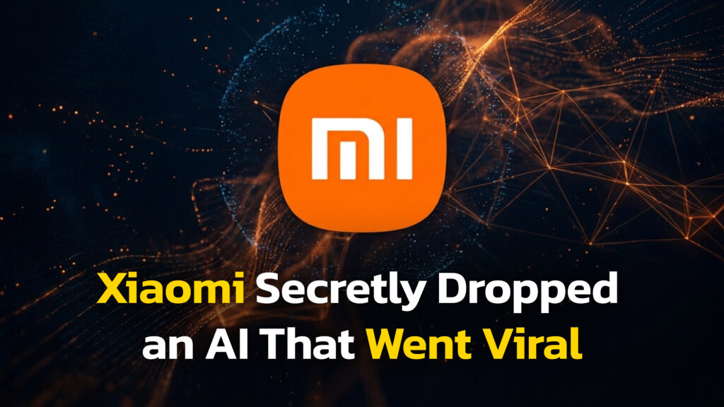 Xiaomi logo centered on a dark abstract background with glowing network lines and the text “Xiaomi Secretly Dropped an AI That Went Viral”