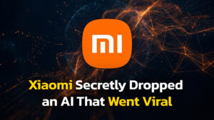 Xiaomi logo centered on a dark abstract background with glowing network lines and the text “Xiaomi Secretly Dropped an AI That Went Viral”