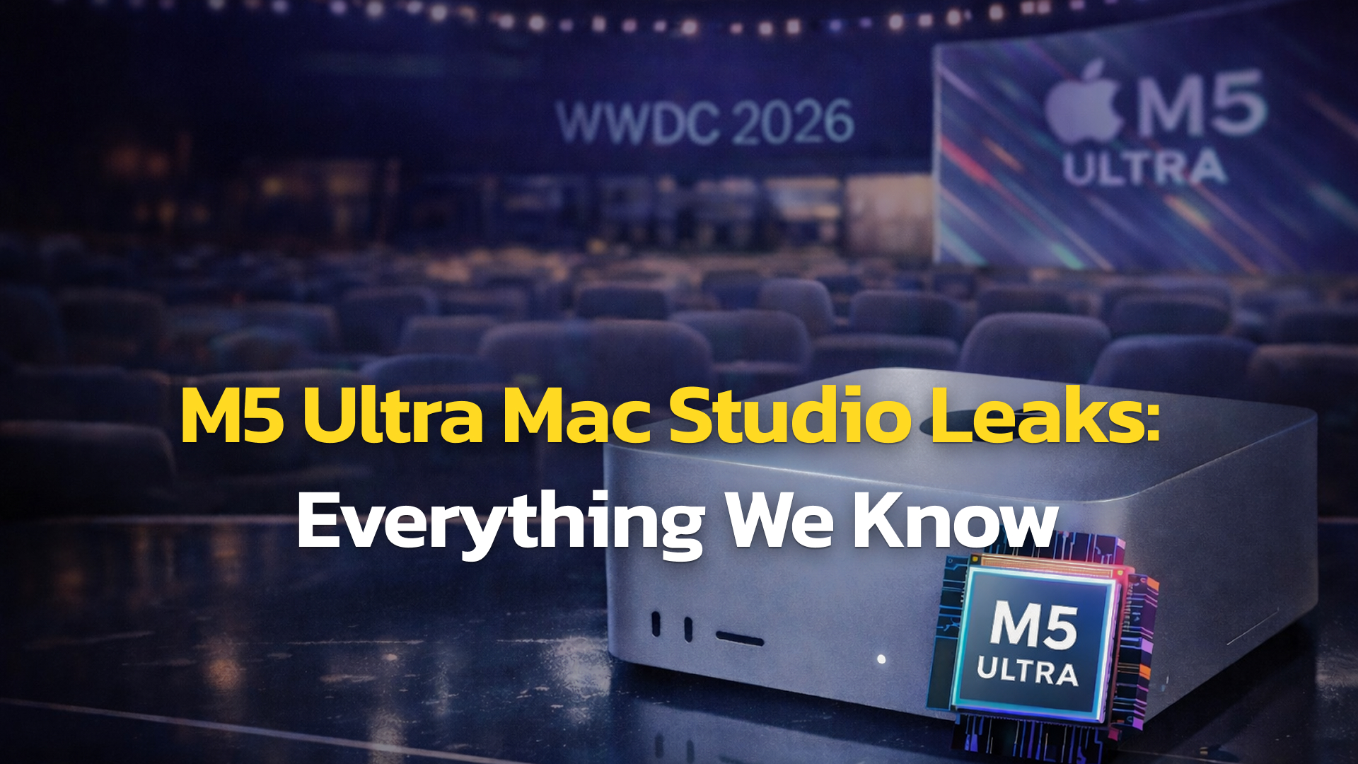 Thumbnail showing a silver Mac Studio with an M5 Ultra chip in the foreground, set in a dark WWDC-style auditorium, with the headline “M5 Ultra Mac Studio Leaks: Everything We Know.”
