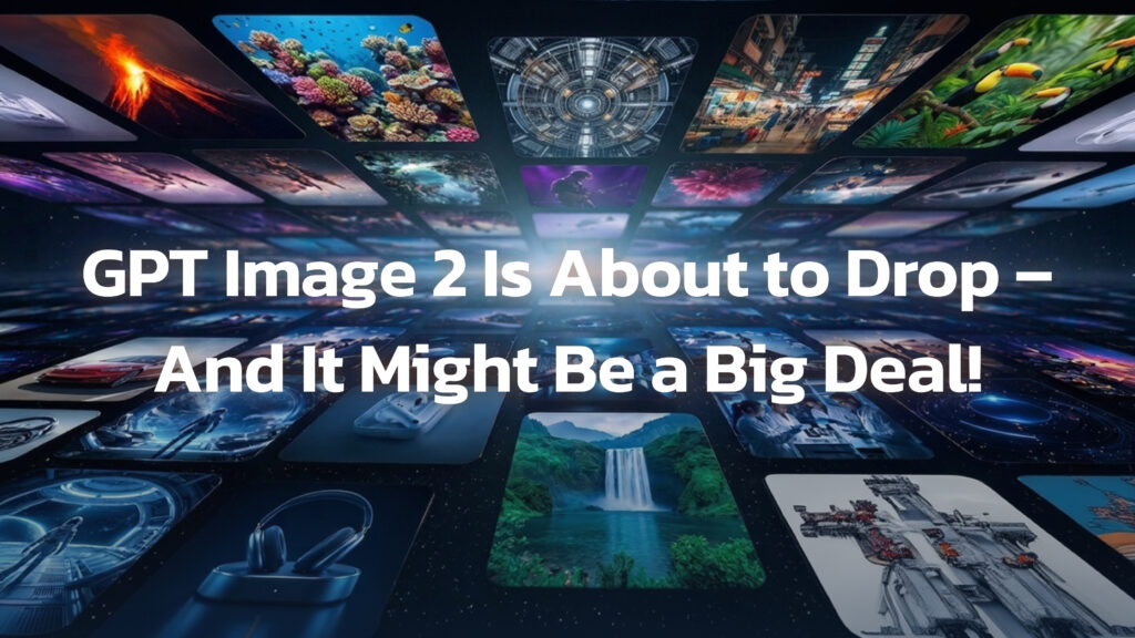 Futuristic grid of diverse images forming a glowing digital floor, with bold text announcing “GPT Image 2 Is About to Drop.”