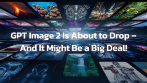 Futuristic grid of diverse images forming a glowing digital floor, with bold text announcing “GPT Image 2 Is About to Drop.”