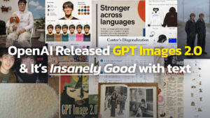 A wide collage of diverse images—portraits, posters, product mockups, vintage photos, and everyday scenes—arranged in a dense grid, overlaid with bold text reading “OpenAI Released GPT Images 2.0 & It’s Insanely Good with Text,” highlighting the model’s strong visual and text rendering capabilities.