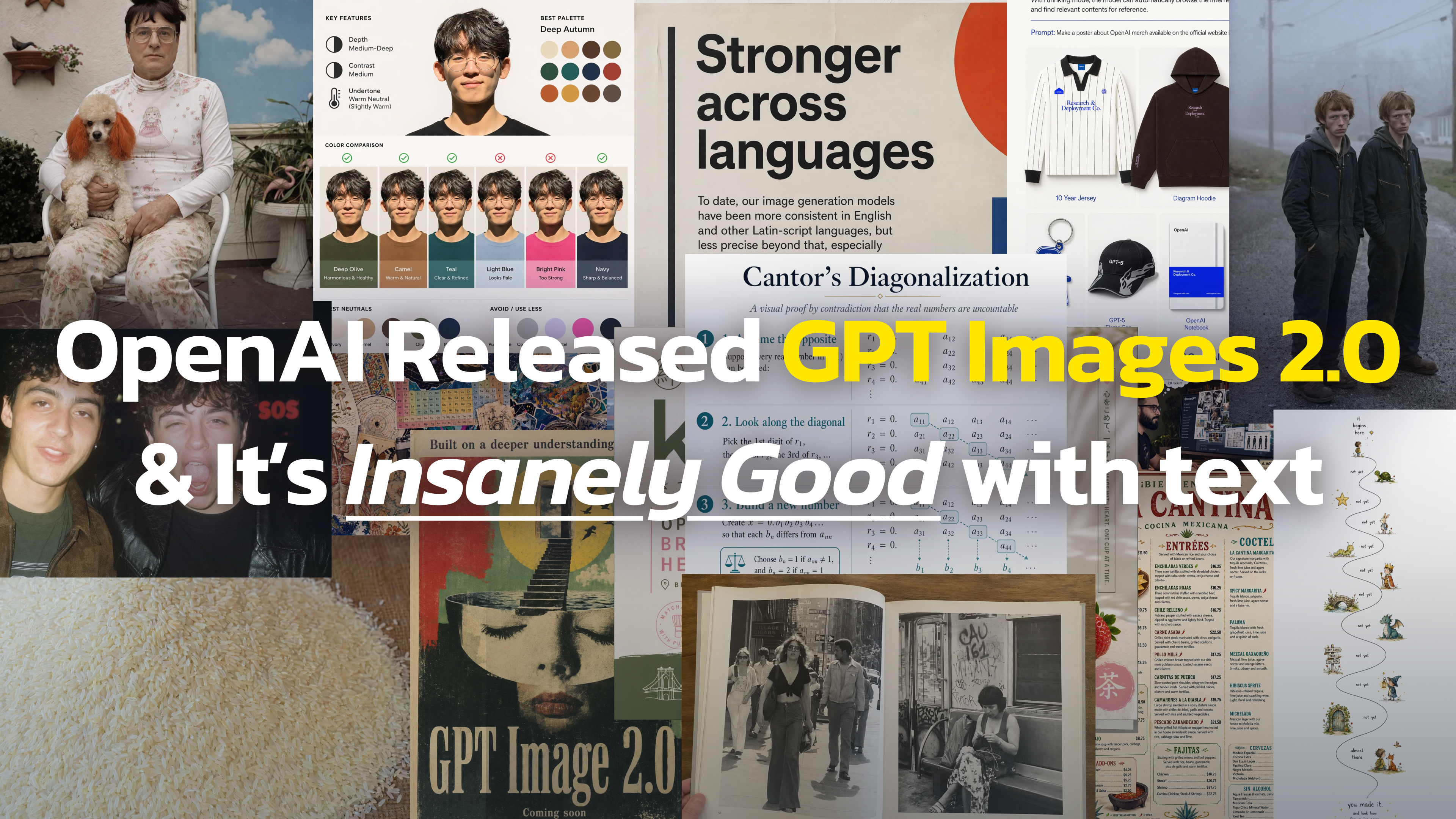 A wide collage of diverse images—portraits, posters, product mockups, vintage photos, and everyday scenes—arranged in a dense grid, overlaid with bold text reading “OpenAI Released GPT Images 2.0 & It’s Insanely Good with Text,” highlighting the model’s strong visual and text rendering capabilities.