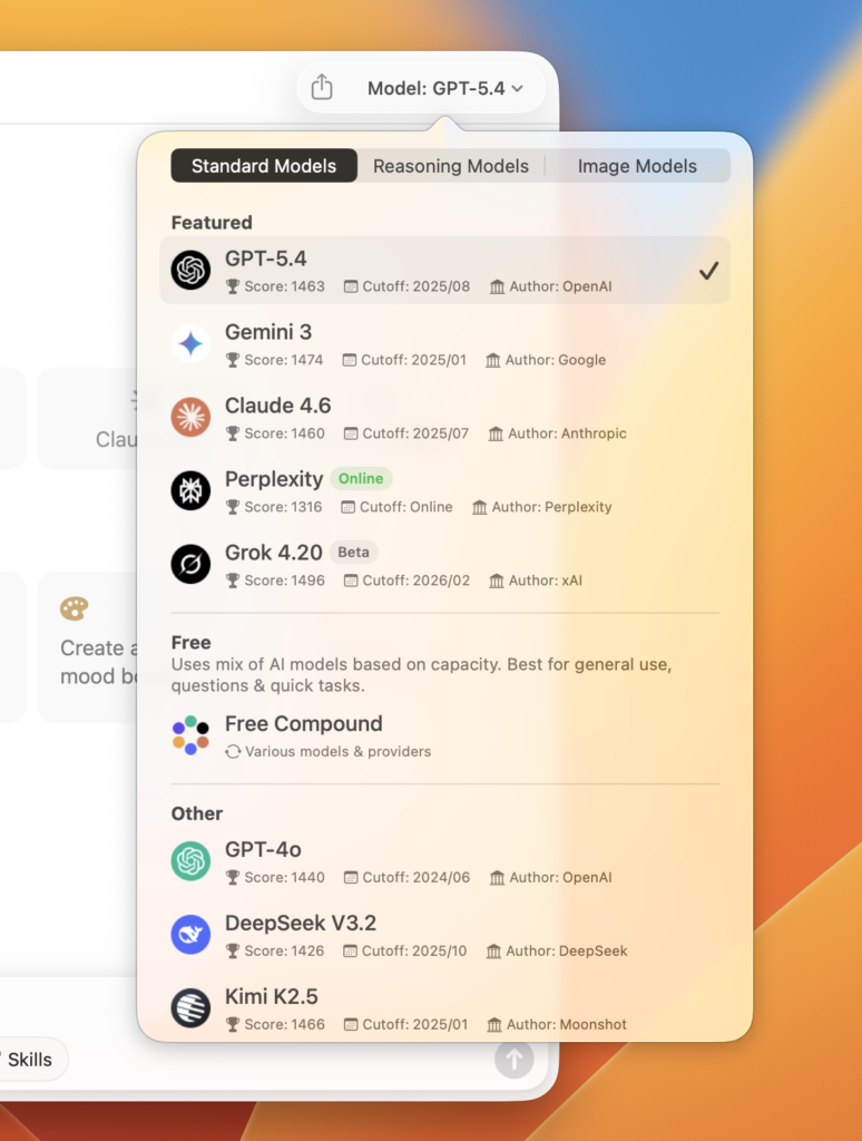 image showing how to select different AI model from a top-right drop down menu in Fello AI.