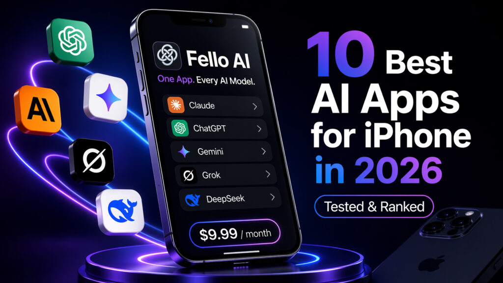 Alt text: Futuristic 16:9 thumbnail showing a glossy iPhone on a neon-lit platform with floating AI app icons around it and large text reading “10 Best AI Apps for iPhone in 2026” and “Tested & Ranked” on a dark blue and purple background.