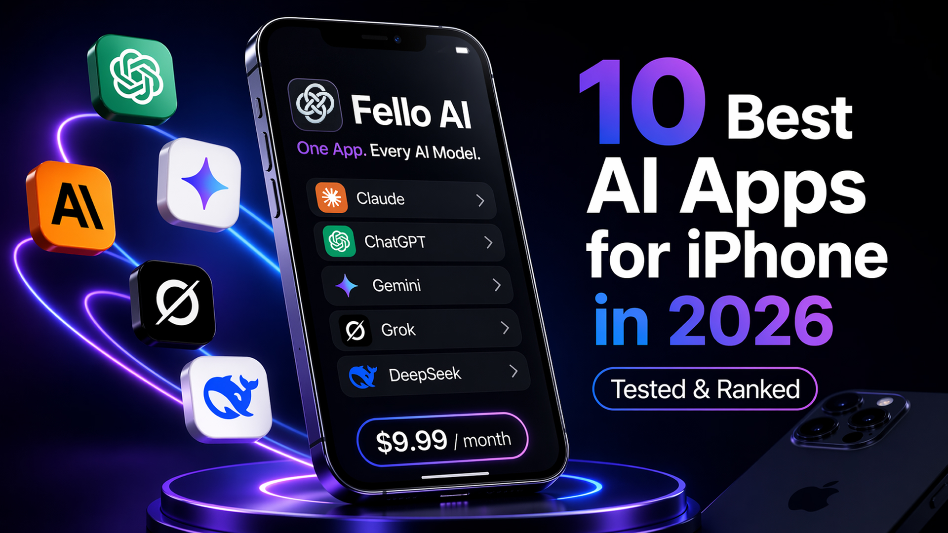 Alt text: Futuristic 16:9 thumbnail showing a glossy iPhone on a neon-lit platform with floating AI app icons around it and large text reading “10 Best AI Apps for iPhone in 2026” and “Tested & Ranked” on a dark blue and purple background.