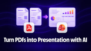 Minimalist dark-purple illustration showing two document pages on the left transforming via an arrow into a structured presentation layout with charts and tables on the right, with PDF and PowerPoint icons below and the text “Turn PDFs into Presentation with AI.”
