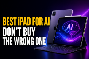 Thumbnail with bold headline “BEST iPAD FOR AI / DON’T BUY THE WRONG ONE” in yellow and white text on a dark purple gradient background, featuring a sleek iPad Pro with keyboard and Apple Pencil, glowing AI brain graphic on the screen.