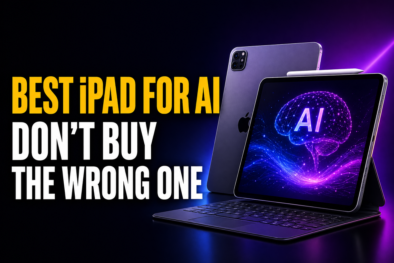 Thumbnail with bold headline “BEST iPAD FOR AI / DON’T BUY THE WRONG ONE” in yellow and white text on a dark purple gradient background, featuring a sleek iPad Pro with keyboard and Apple Pencil, glowing AI brain graphic on the screen.