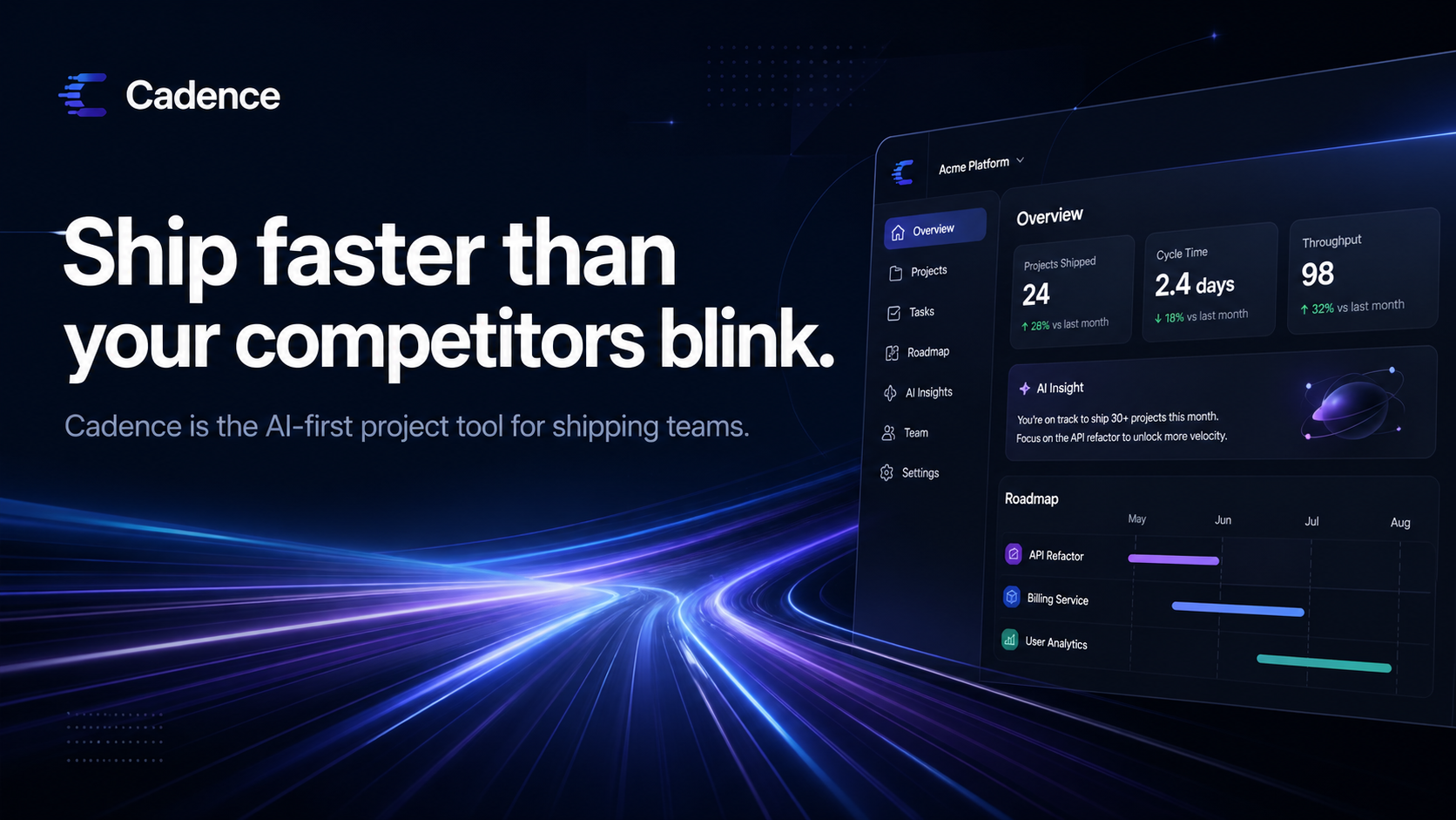 Dark navy 16:9 hero image with the headline Ship faster than your competitors blink generated by ChatGPT Images 2.0