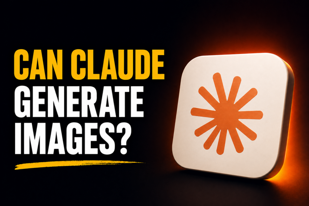 Thumbnail with bold headline “CAN CLAUDE GENERATE IMAGES?” in yellow and white text on a dark gradient background, featuring a single Claude-style app icon glowing on the right side.
