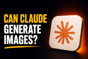 Thumbnail with bold headline “CAN CLAUDE GENERATE IMAGES?” in yellow and white text on a dark gradient background, featuring a single Claude-style app icon glowing on the right side.