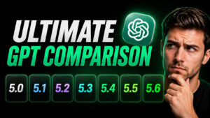 Widescreen thumbnail with the headline “ULTIMATE GPT COMPARISON,” a glowing ChatGPT logo, and a thoughtful man beside seven neon version cards labeled GPT-5.0 through GPT-5.6.