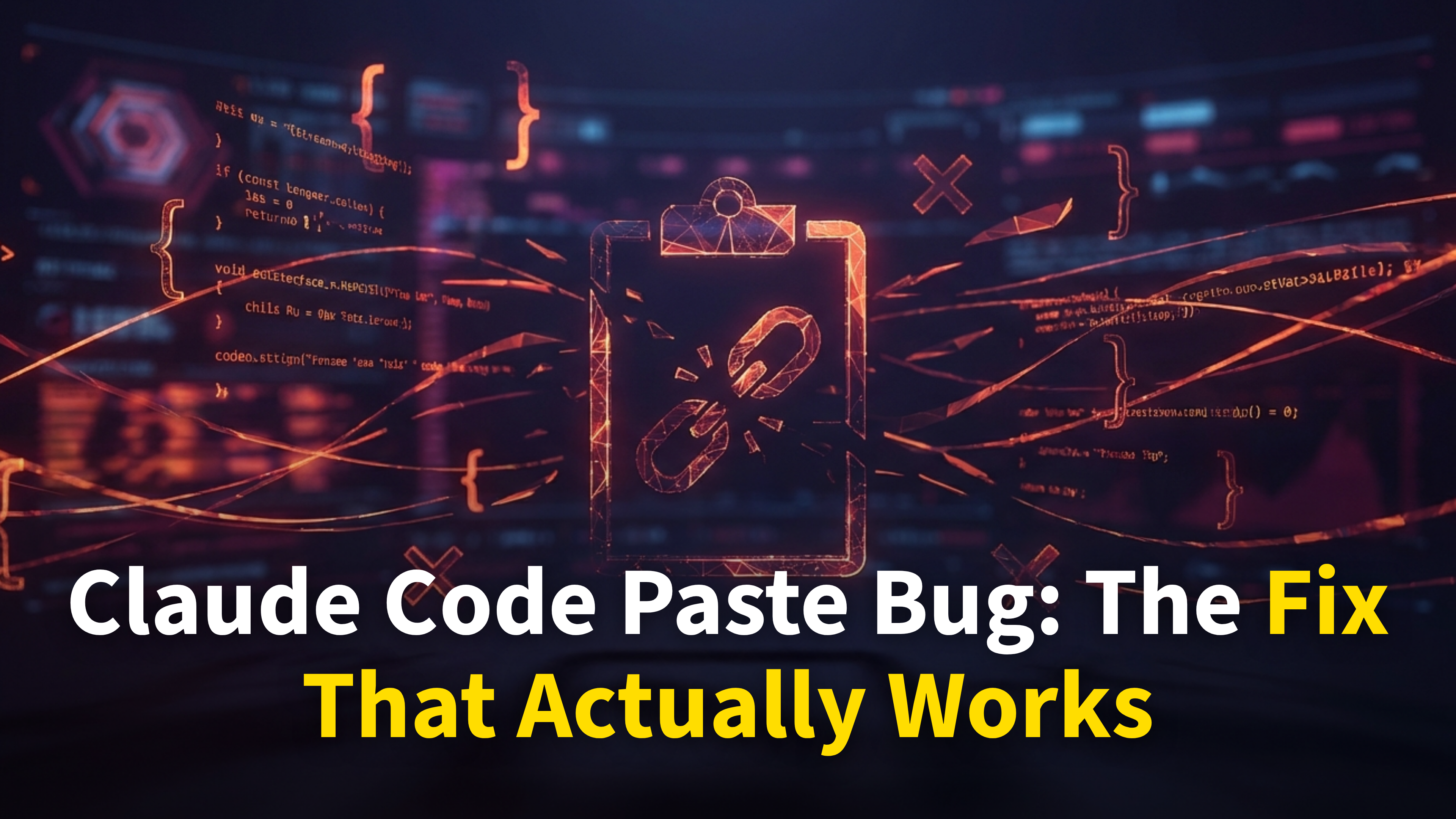 Claude Code paste bug fix — abstract clipboard with broken chain and error symbols in red and orange
