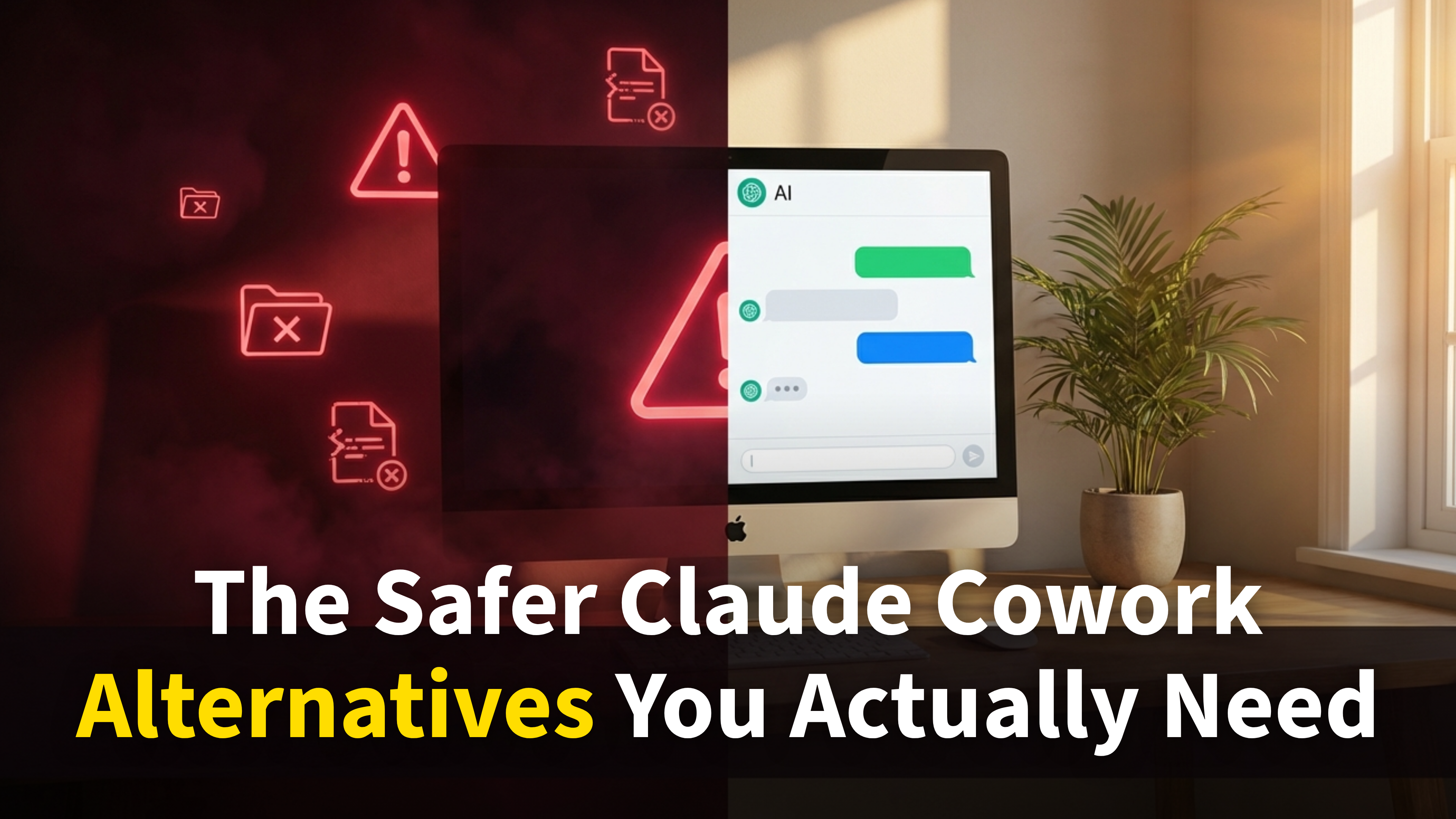 The Safer Claude Cowork Alternatives You Actually Need – split image showing dangerous AI environment on left and clean Fello AI interface on right