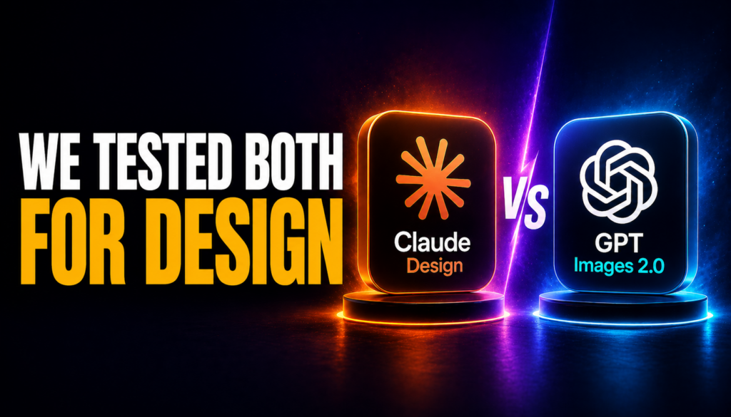 Futuristic 16:9 thumbnail of a MacBook Pro on a deep blue to teal gradient background with a glowing split AI design interface, headline reading “WE TESTED BOTH” in amber and “FOR DESIGN” in white.