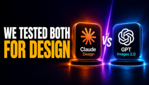 Futuristic 16:9 thumbnail of a MacBook Pro on a deep blue to teal gradient background with a glowing split AI design interface, headline reading “WE TESTED BOTH” in amber and “FOR DESIGN” in white.