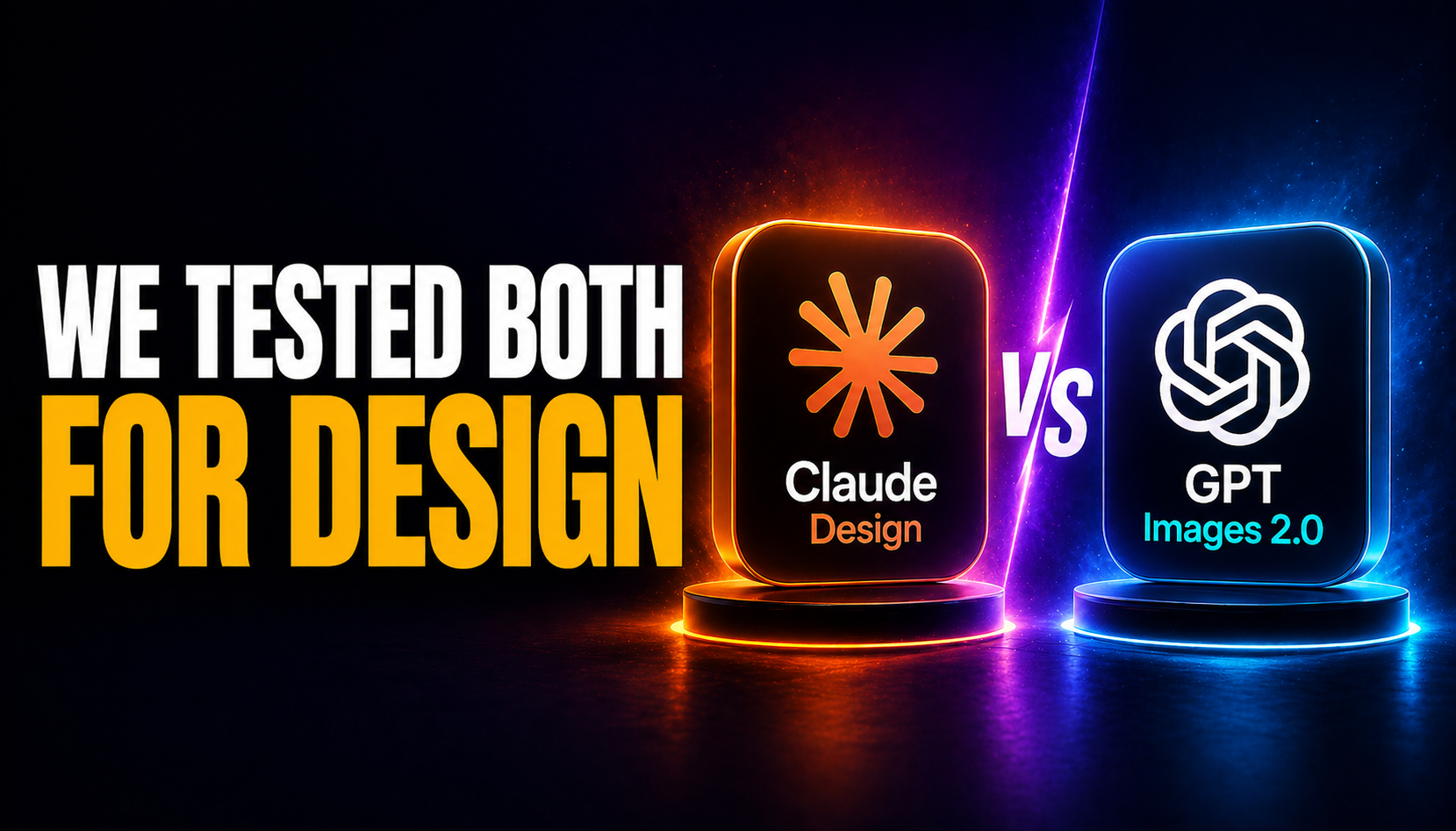 Futuristic 16:9 thumbnail of a MacBook Pro on a deep blue to teal gradient background with a glowing split AI design interface, headline reading “WE TESTED BOTH” in amber and “FOR DESIGN” in white.