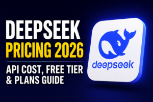 Thumbnail with bold headline “DEEPSEEK PRICING 2026 / WHAT YOU ACTUALLY PAY” in yellow and white text on a dark blue gradient background, featuring a single DeepSeek logo tile with a glowing whale icon on the right.