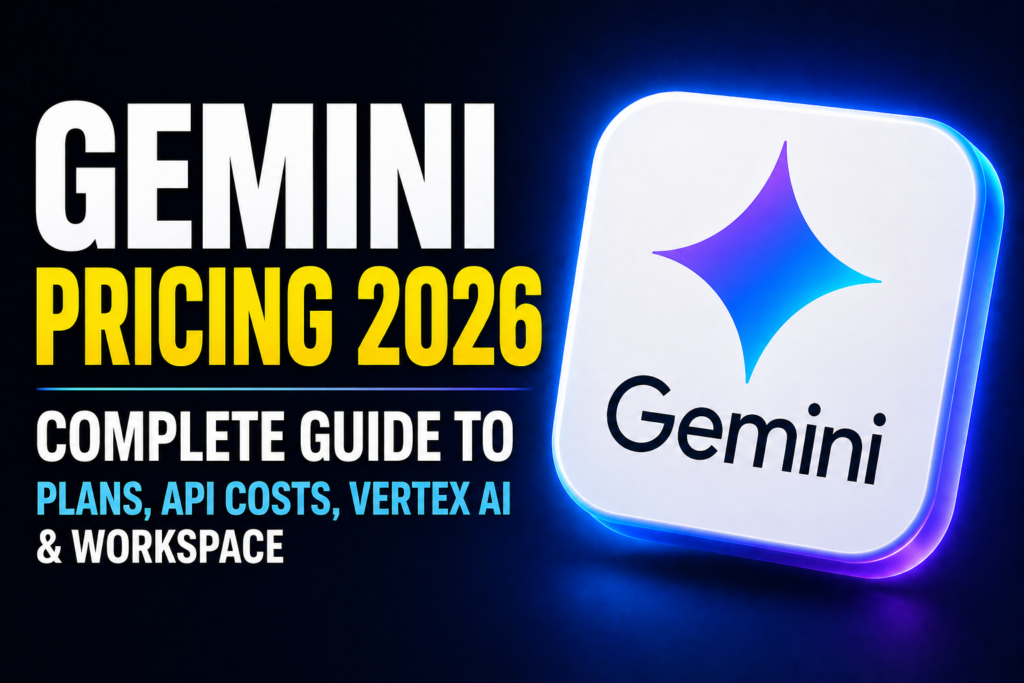 Thumbnail with bold headline “GEMINI PRICING 2026 / COMPLETE GUIDE TO PLANS, API COSTS, VERTEX AI & WORKSPACE” in yellow and white text on a dark blue gradient background, featuring a glowing Gemini logo tile on the right.