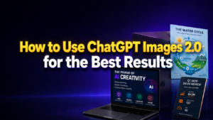 Alt text: Dark blue and purple tech-style thumbnail with a centered headline reading “How to Use ChatGPT Images 2.0 for the Best Results” in bold yellow and white text. On the right side, a MacBook and sample AI-generated visuals are shown, including a water cycle infographic and a Q1 2026 sales review poster, with neon lighting and a futuristic glow.