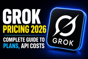 Thumbnail with bold headline “GROK PRICING 2026 / COMPLETE GUIDE TO PLANS, API COSTS” in yellow and white text on a dark blue gradient background, featuring a glowing Grok logo tile on the right.