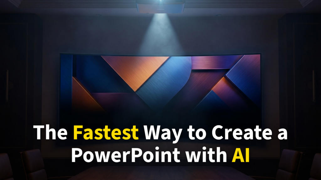 The fastest way to create a PowerPoint with AI — professional presentation on a big screen in a dark conference room