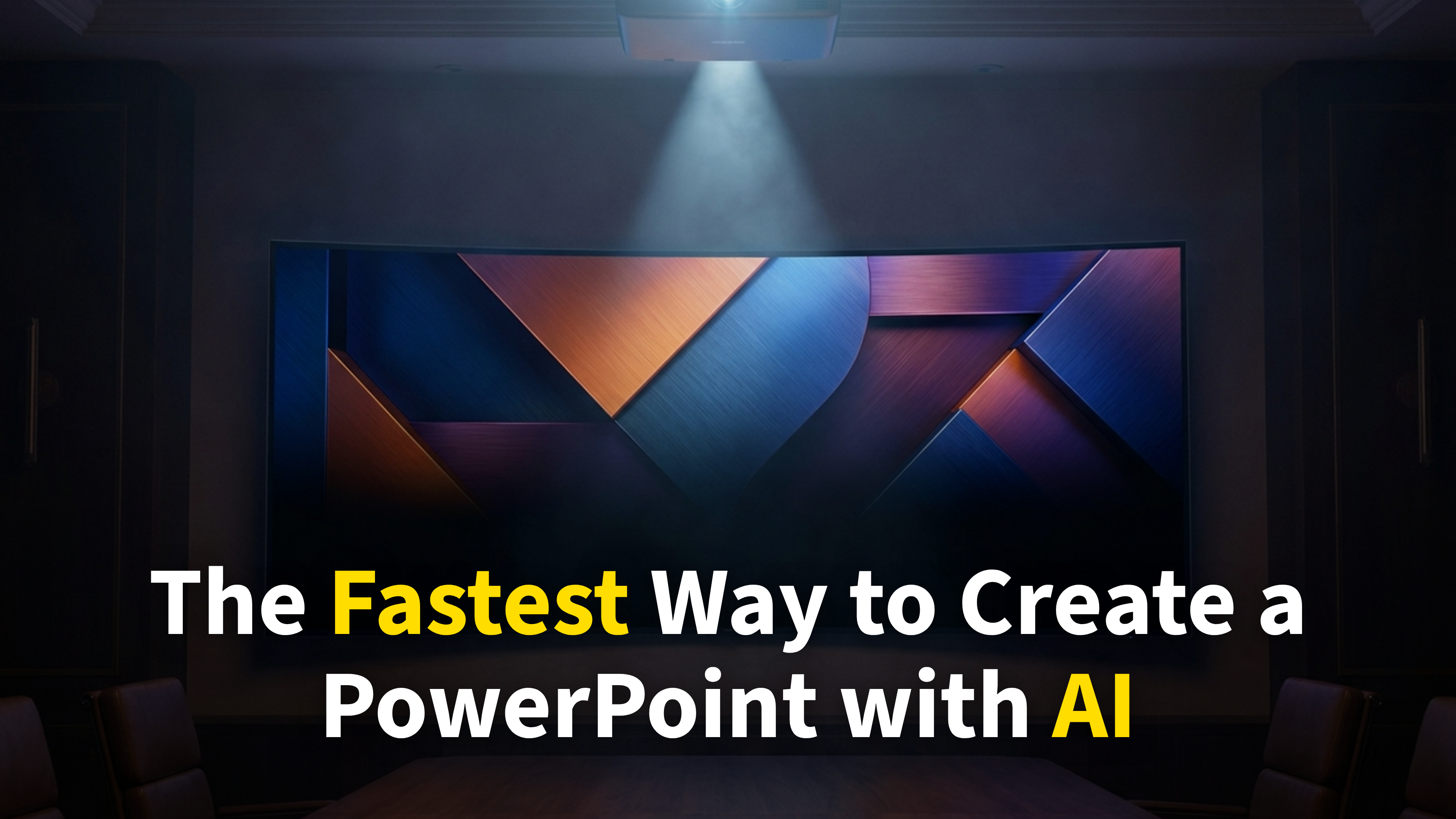The fastest way to create a PowerPoint with AI — professional presentation on a big screen in a dark conference room