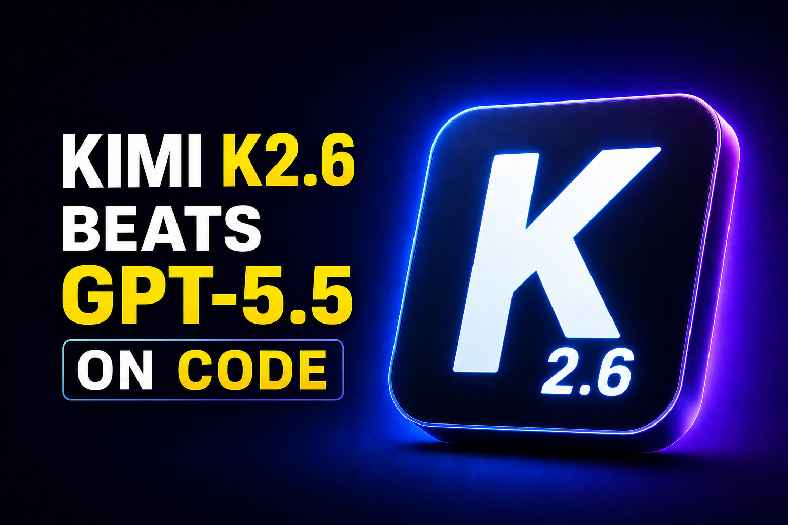 Thumbnail with bold headline “KIMI K2.6 BEATS GPT-5.5 / ON CODE” in yellow and white text on a dark blue-purple gradient background, featuring a glowing Kimi K2.6 logo tile on the right.