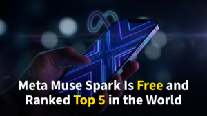 Meta Muse Spark free AI model ranked top 5 globally – glowing smartphone with Meta AI interface in blue purple neon studio