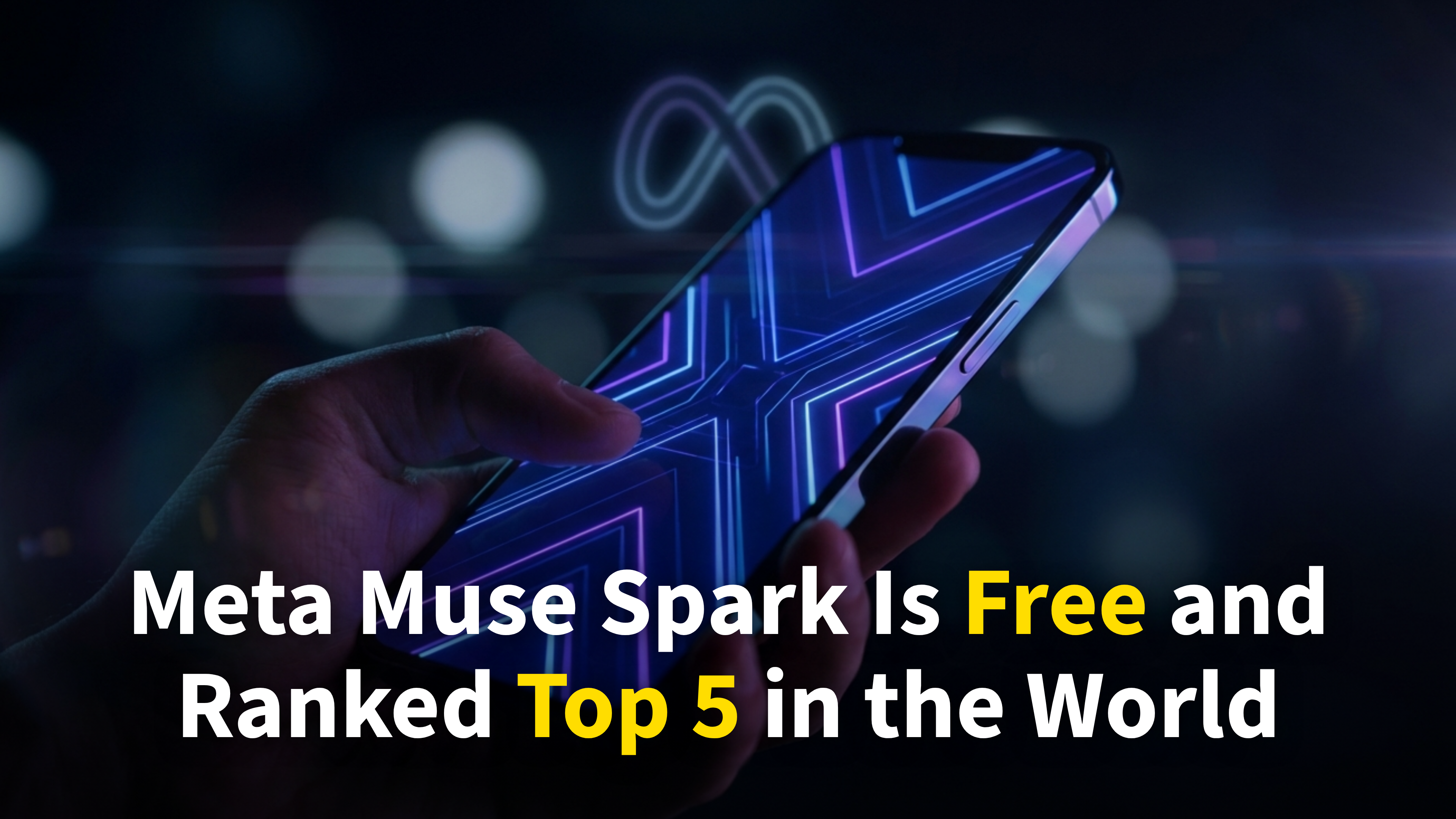 Meta Muse Spark free AI model ranked top 5 globally – glowing smartphone with Meta AI interface in blue purple neon studio