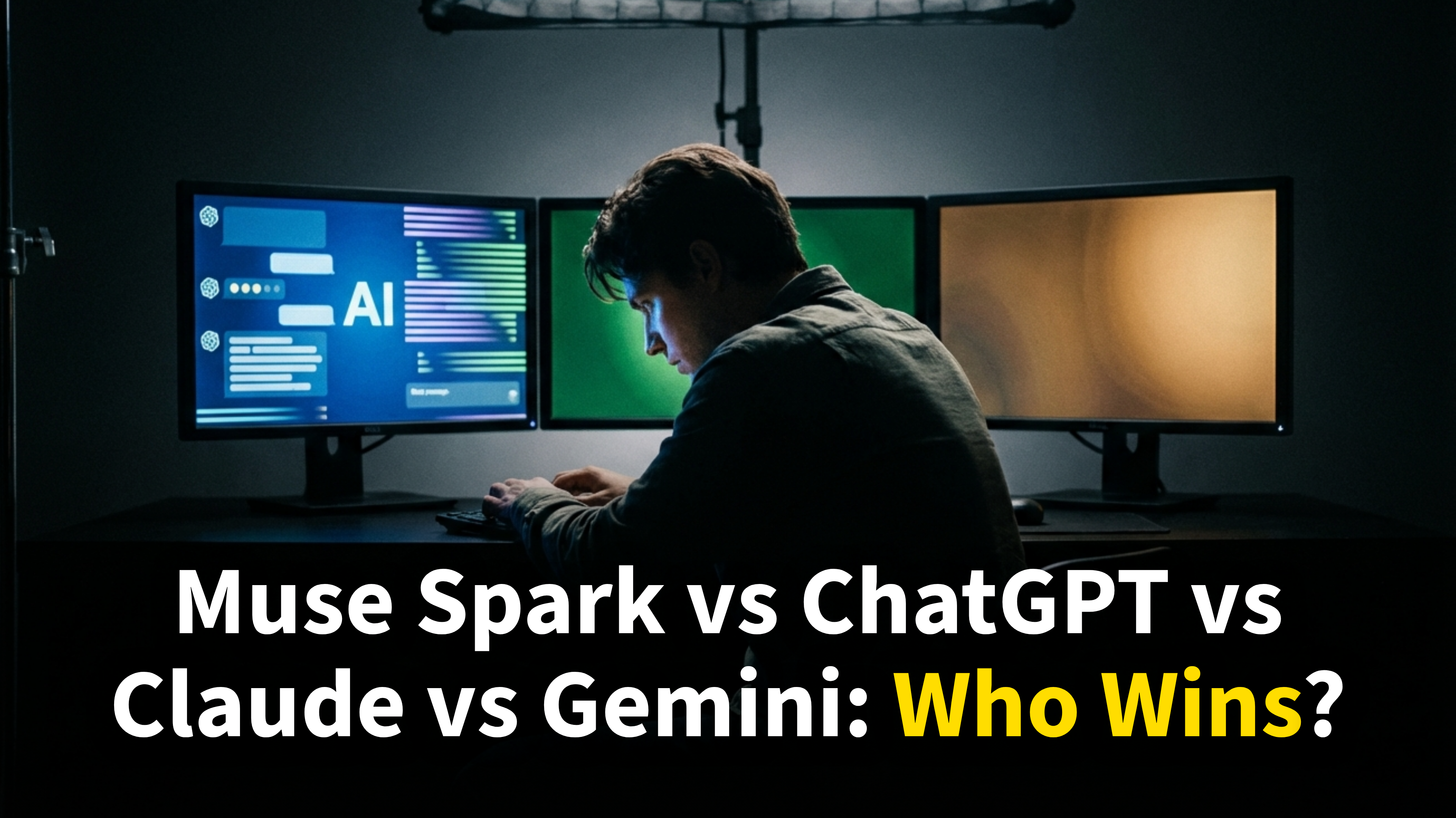 Muse Spark vs ChatGPT vs Claude vs Gemini comparison — person at desk with three glowing AI interfaces on monitors
