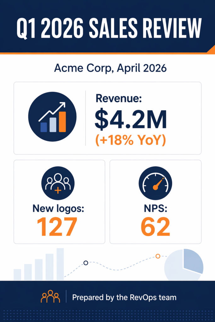 Portrait corporate report cover in navy, white, and orange titled “Q1 2026 SALES REVIEW.” Below the title, the subtitle reads “Acme Corp, April 2026.” A large top KPI card shows “Revenue: $4.2M (+18% YoY)” with a growth chart icon. Two smaller cards underneath show “New logos: 127” with a team icon and “NPS: 62” with a gauge icon. Subtle chart graphics appear near the bottom, and the footer reads “Prepared by the RevOps team.”