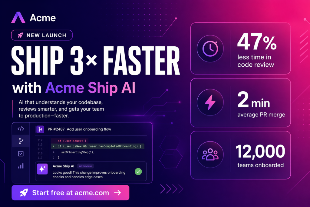 Modern landscape SaaS launch infographic with a dark purple and pink gradient background. On the left, a large headline reads “SHIP 3× FASTER” with the subheadline “with Acme Ship AI,” followed by a short description and a product interface mockup. On the right, three stacked stat cards show “47% less time in code review,” “2 min average PR merge,” and “12,000 teams onboarded.” A call-to-action button at the bottom reads “Start free at acme.com.”