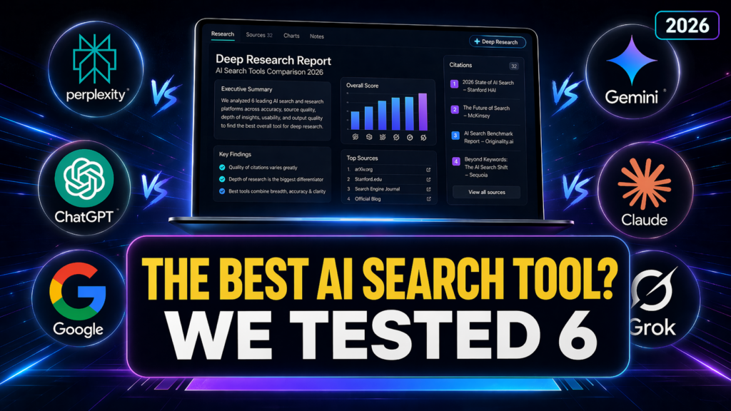 Alt text: Futuristic 16:9 tech thumbnail showing a laptop with a dark “Deep Research Report” dashboard in the center, surrounded by glowing logos for Perplexity, ChatGPT, Google, Gemini, Claude, and Grok in a versus-style layout. Neon blue and purple light streaks frame the scene, with a bold black rounded banner across the bottom reading “THE BEST AI SEARCH TOOL?” in bright yellow and “WE TESTED 6” in large white text, plus a small “2026” badge in the top-right corner.