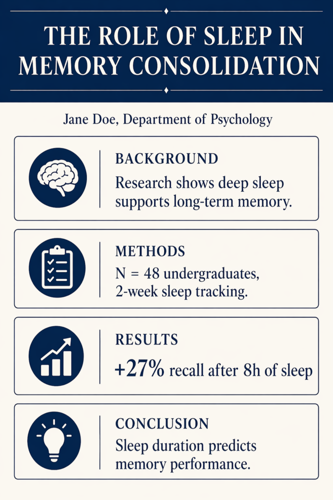 Portrait academic research poster in a minimalist editorial style with a navy and off-white color scheme. The title at the top reads “THE ROLE OF SLEEP IN MEMORY CONSOLIDATION,” followed by the author line “Jane Doe, Department of Psychology.” Below are four boxed sections with simple navy icons: Background, stating that deep sleep supports long-term memory; Methods, noting 48 undergraduates tracked over two weeks; Results, showing “+27% recall after 8h of sleep”; and Conclusion, stating that sleep duration predicts memory performance.