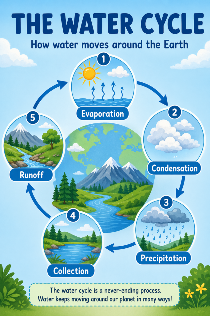 Colorful classroom infographic for 5th-grade science titled “THE WATER CYCLE,” with the subtitle “How water moves around the Earth.” Five illustrated stages are arranged in a circle around a central landscape-and-Earth graphic, connected by curved arrows: 1. Evaporation, showing the sun heating water and vapor rising; 2. Condensation, showing clouds forming; 3. Precipitation, showing rain falling from clouds; 4. Collection, showing water gathered in a lake; and 5. Runoff, showing water flowing down from mountains into streams. At the bottom, a note says the water cycle is a never-ending process and that water keeps moving around our planet in many ways.