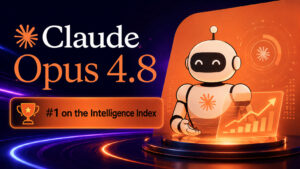 Claude Opus 4.8 article cover with a glowing robot, orange AI dashboard, and “#1 on the Intelligence Index” badge.