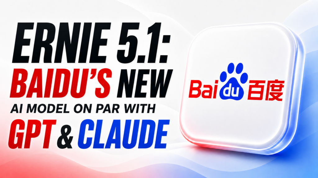 ERNIE 5.1 article cover featuring Baidu logo and bold headline “Baidu’s new AI model on par with GPT & Claude” on a clean white, red, and blue tech background.