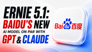 ERNIE 5.1 article cover featuring Baidu logo and bold headline “Baidu’s new AI model on par with GPT & Claude” on a clean white, red, and blue tech background.